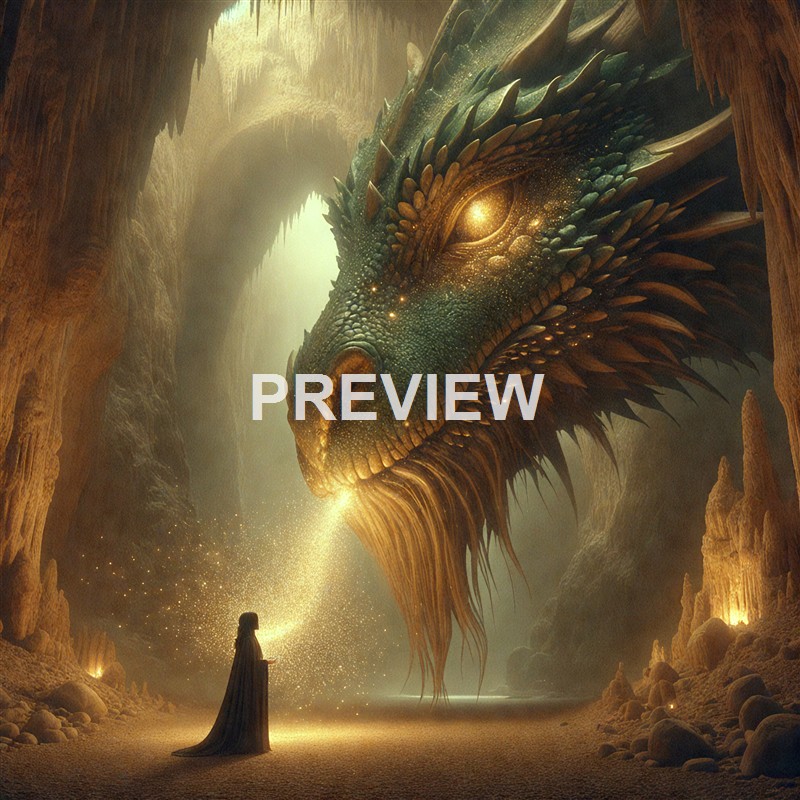 A fantastical scene featuring a person in a cloak holding a glowing object in front of an enormous, mythical dragon-like creature inside a cavern illuminated by warm, golden light.